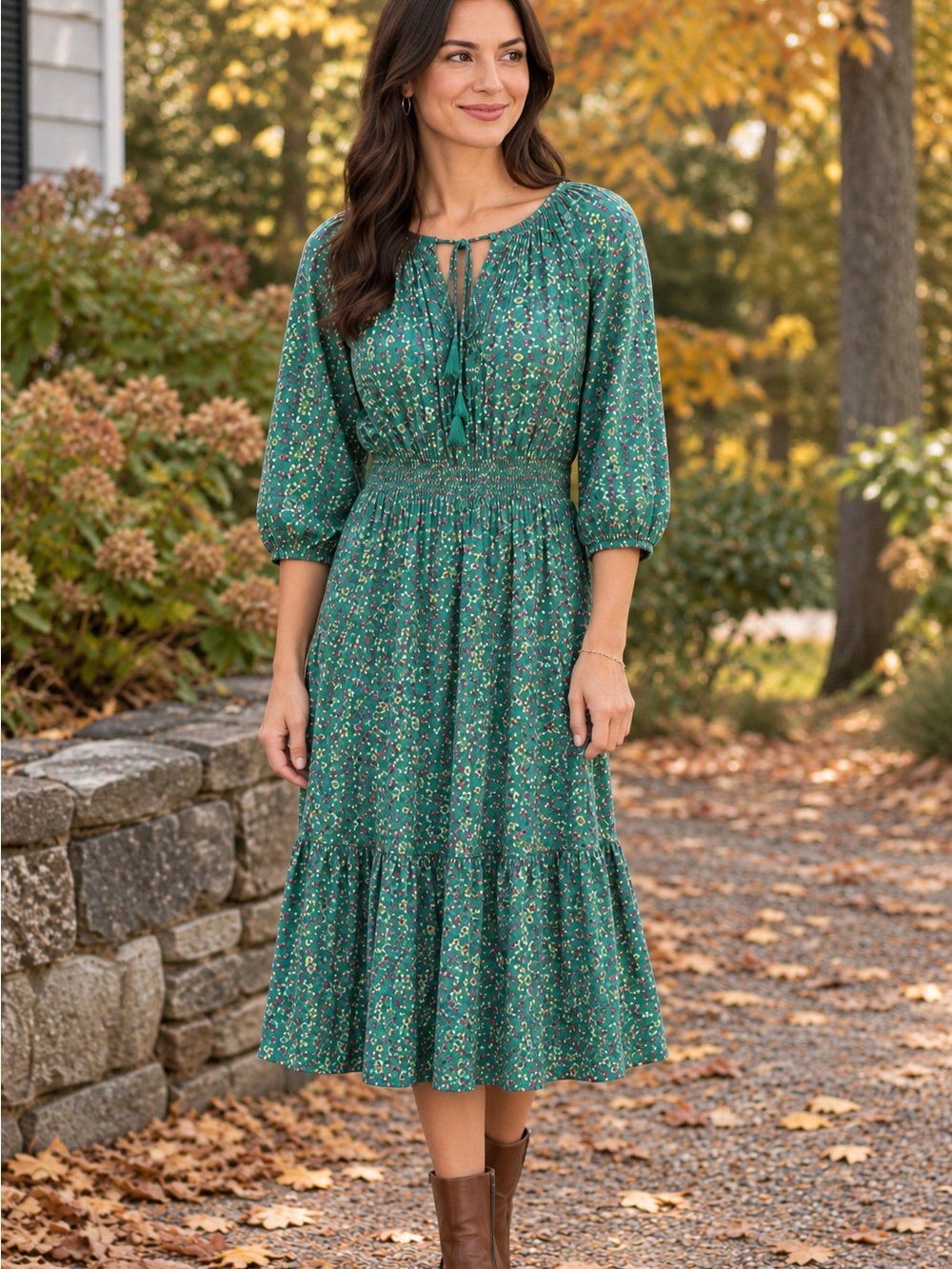 Matilda Jane tiered green ditsy floral long sleeve midi dress, size xs
